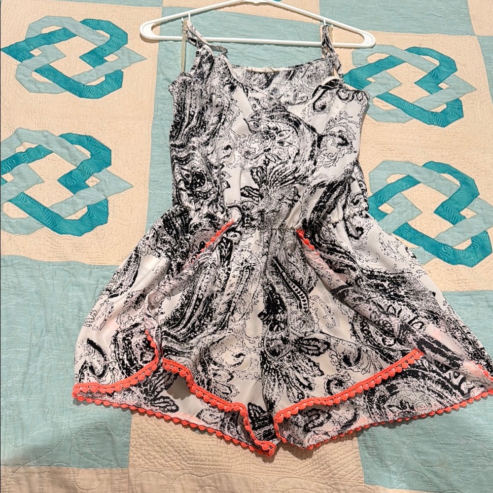 Black and White Paisley Jumpsuit with Coral Accents